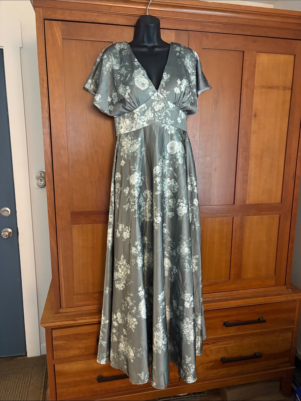 AW Bridal Satin Olive Green Floral V-Neck Maxi Dress